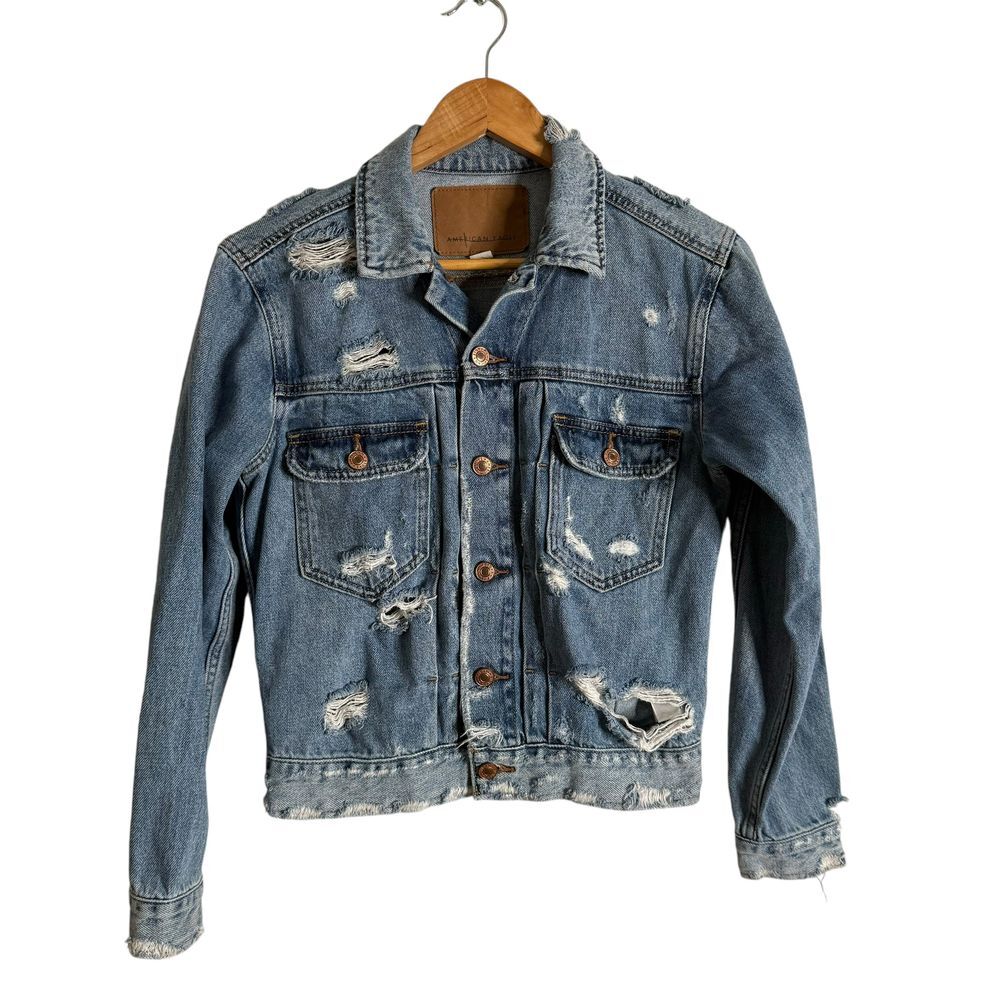 American Eagle Distressed Denim Jacket Women‎ Size XXS Blue Jean Frayed Edgy